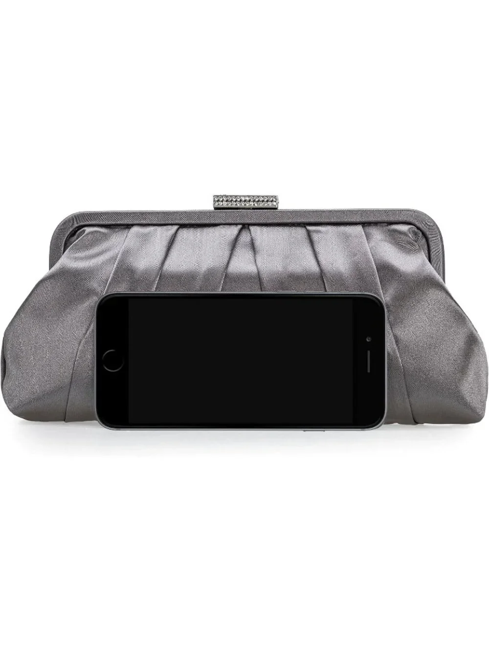 👜 Women's Pewter Classic Pleated Satin Clutch Bag Diamante Embellished Clutch